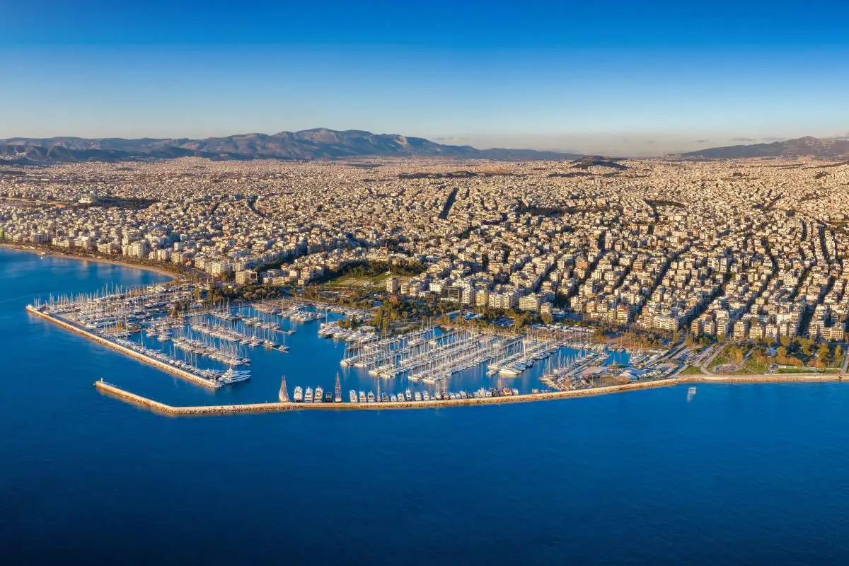 Panoramic aerial sunset view of the Athens Riviera